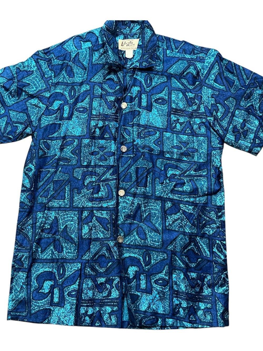Vintage Liberty House 1960s Hawaiian bold blue geometric batik shirt S/M USA